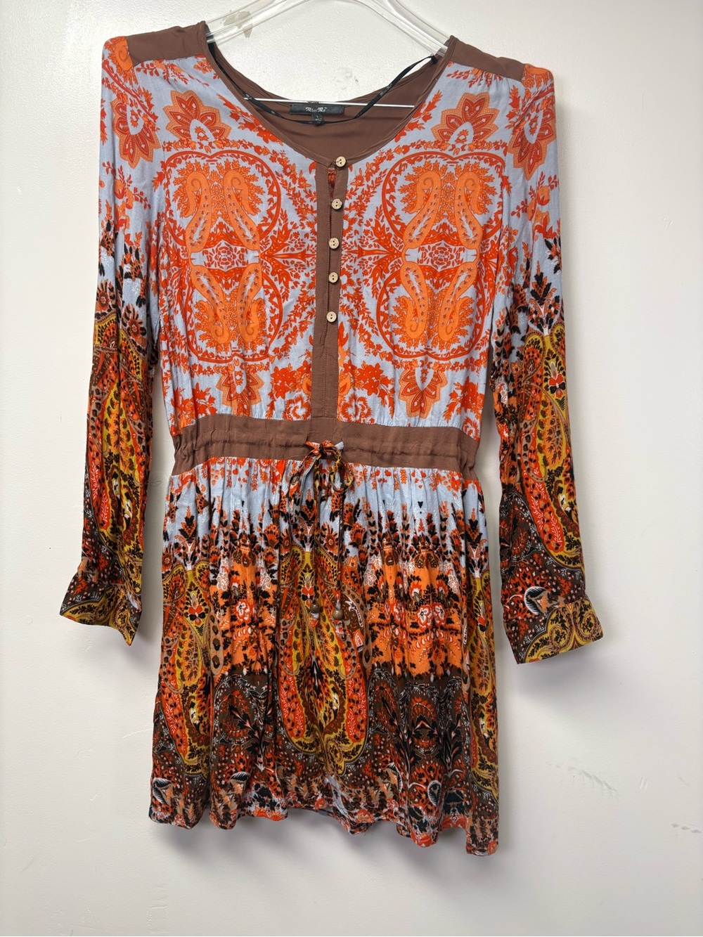Miss Me Women's Sz L Boho Paisley Western Tunic Drawstring Waist Lined Top